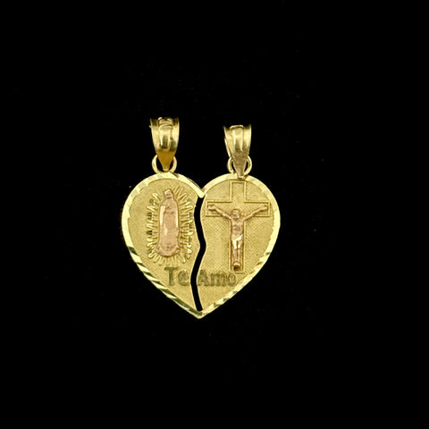 14k Real Gold Heart Breakable Pendant cross virgen