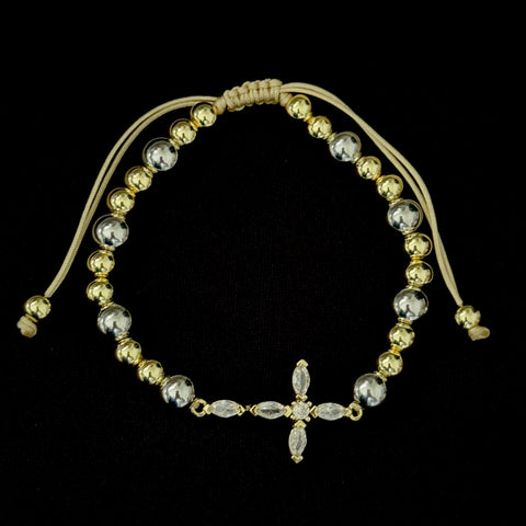 Adjustable Cross Bracelet Silver/Gold beads