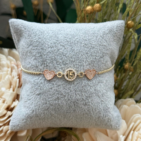 14k Real Gold 15 años 15 years Hearts Bracelet 1019