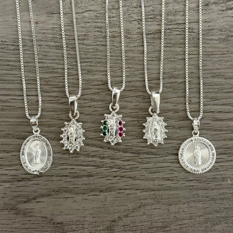 925 Silver Small pendant necklaces - 1MM chain San Judas and Virgen