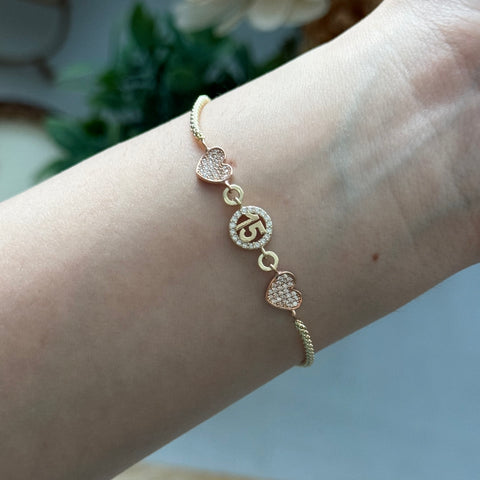 14k Real Gold 15 años 15 years Hearts Bracelet 1019