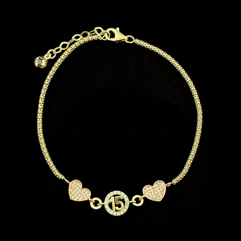 14k Real Gold 15 años 15 years Hearts Bracelet 1019