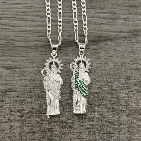 Silver San Judas Necklace White or green 010